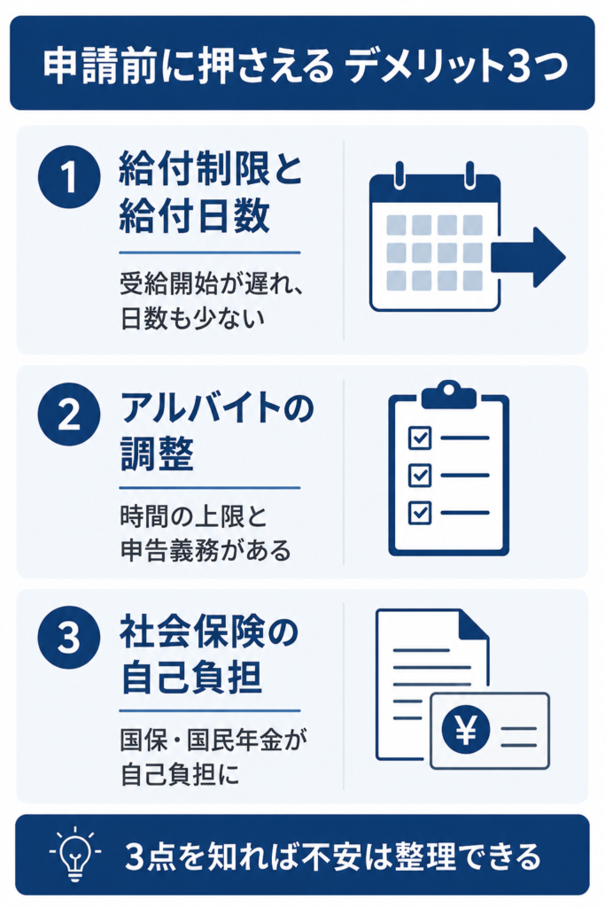 給付制限・アルバイト・社会保険という退職給付金の3つの注意点を整理した内容