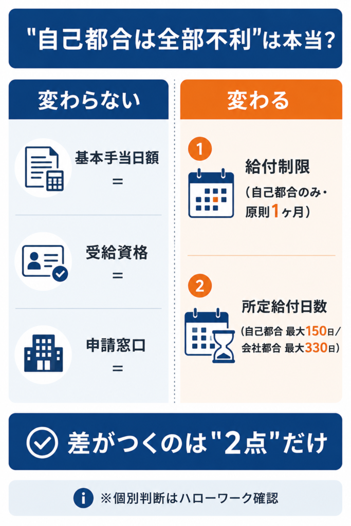 自己都合と会社都合で変わらない3点と変わる2点を対比した内容