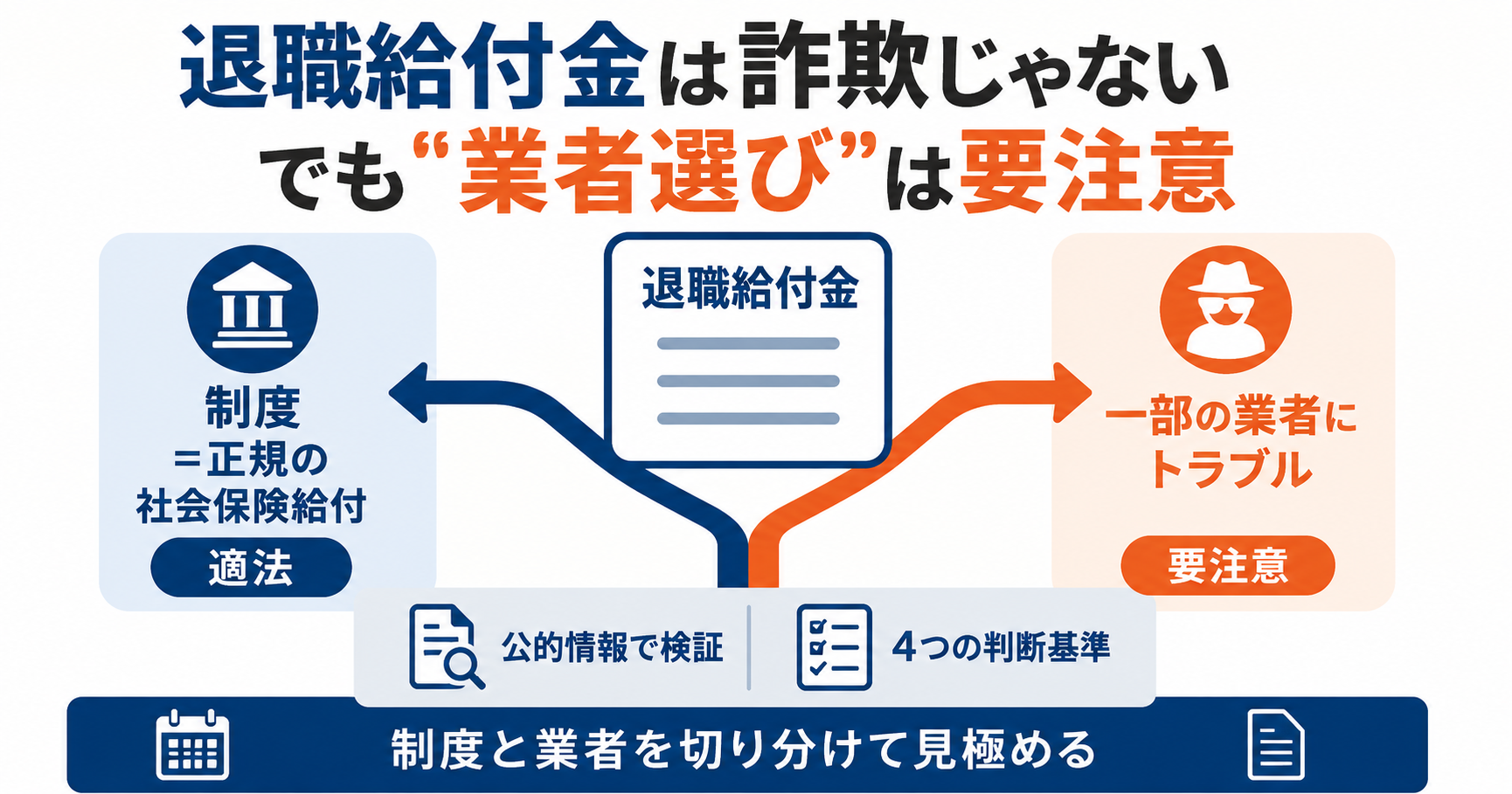 退職給付金は詐欺ではなく制度は適法、ただし一部の業者には注意が必要なことを切り分けて示した解説