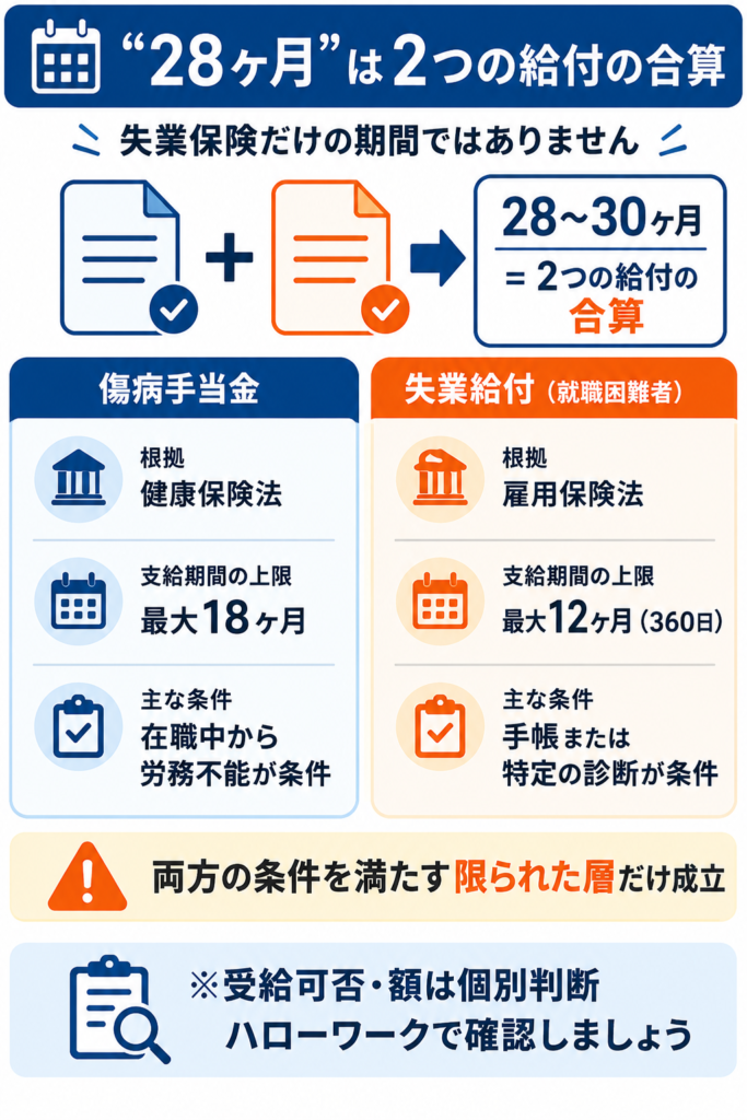 28ヶ月は傷病手当金と失業給付の合算で、両制度の条件を満たす限られた層だけ成立することを示した解説