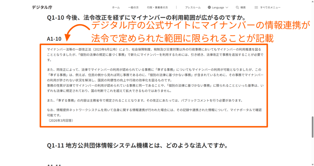 マイナンバーの情報連携が法令で定められた範囲に限られることを示したデジタル庁の記述