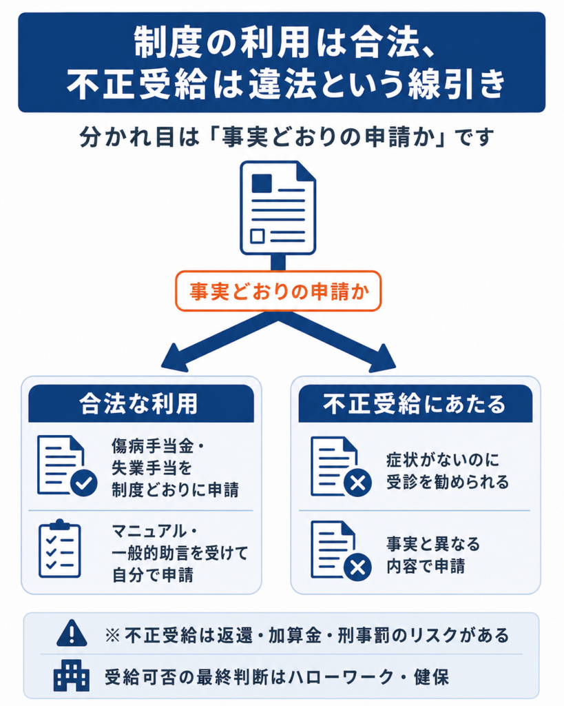 制度の利用は合法だが事実と異なる申請は不正受給にあたるという線引きをY字分岐で示したもの