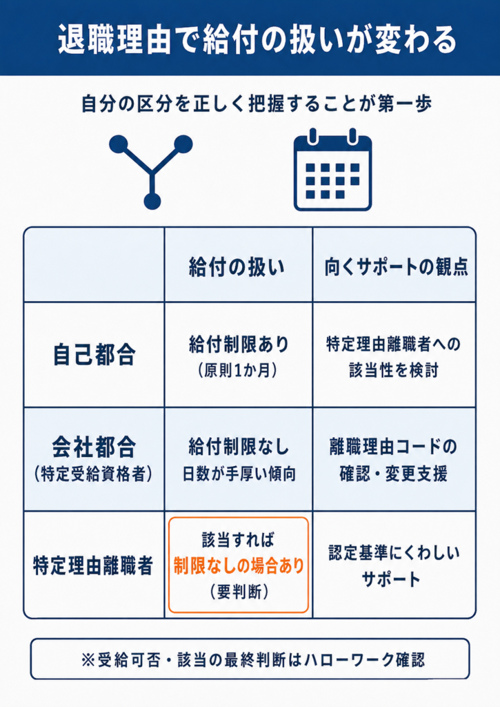 自己都合・会社都合・特定理由離職者で失業給付の扱いが変わる違いを整理したマトリクス