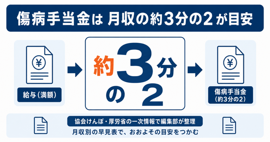 傷病手当金の支給額は月収の約3分の2が目安であることを示した早見表の入口