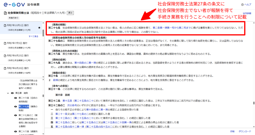 社会保険労務士法第27条の業務の制限と第32条の2の罰則を示したe-Gov法令検索の条文