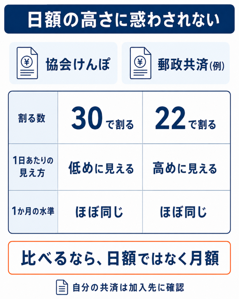 協会けんぽと郵政共済で日額の見え方は違っても月額ではほぼ同水準になる比較
