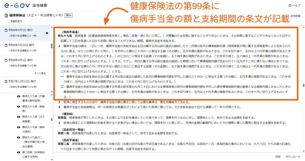 健康保険法第99条に定められた傷病手当金の額と支給期間の条文