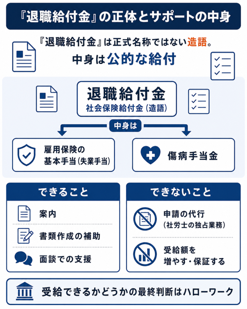 「退職給付金」という造語の中身と、サポート業者ができること・できないことの線引きを示したもの