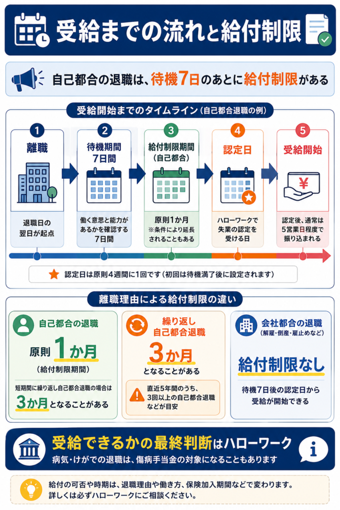 自己都合退職の待機期間と給付制限の流れ、受給の最終判断先を示したもの