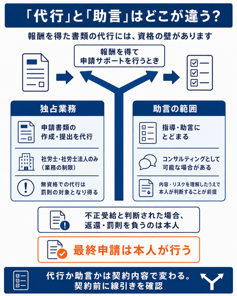 申請サポートの代行と助言の線引きと、不正受給時に本人が返還・罰則を負うことを示した内容