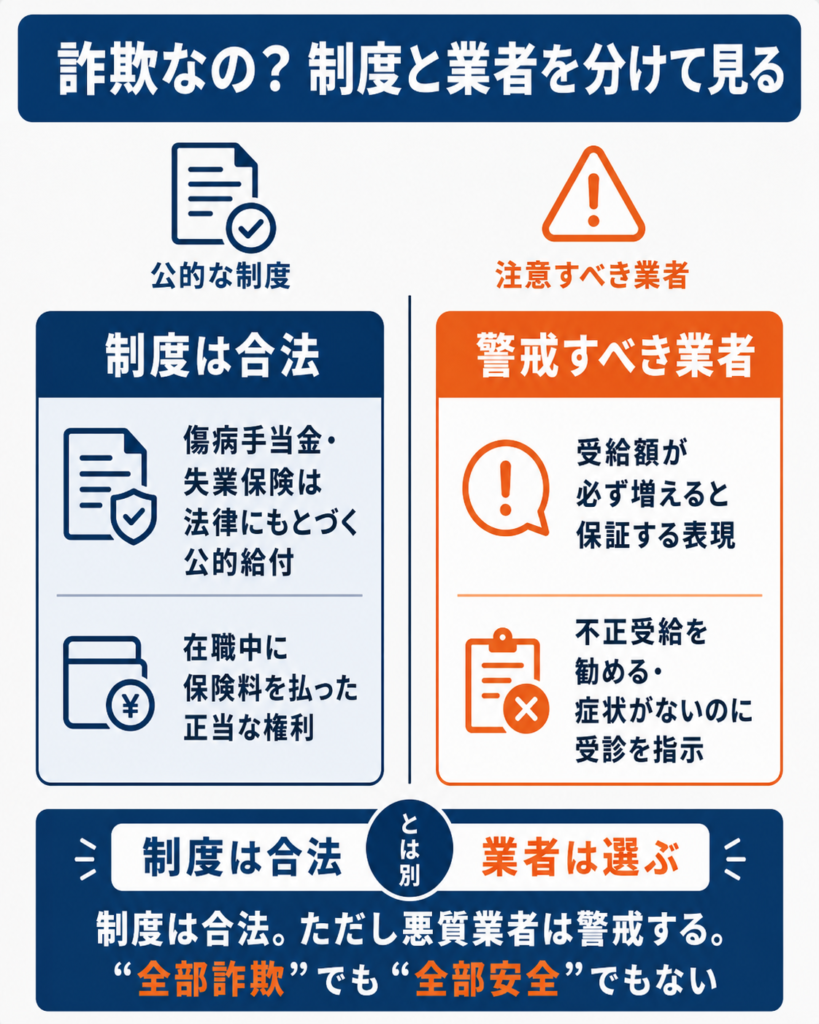 制度は合法な権利である一方で悪質業者は警戒すべきという切り分けを両論併記で示したもの