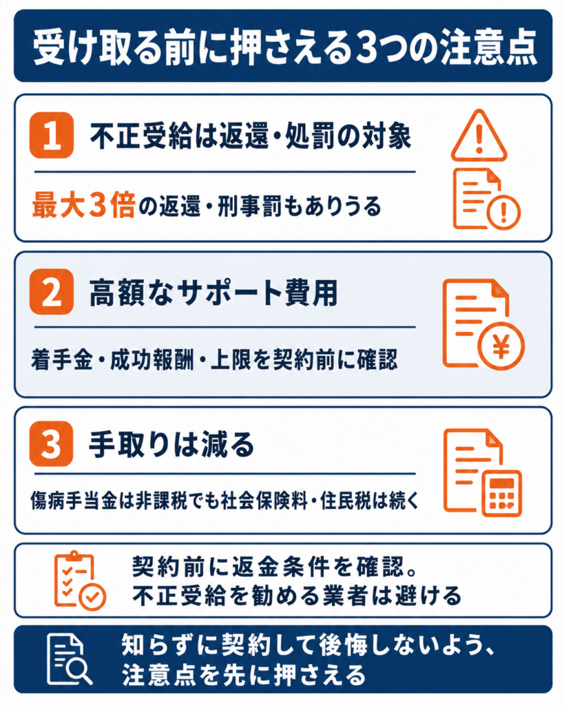 不正受給・高額なサポート費用・手取り減という受け取る前の3つの注意点を整理したもの